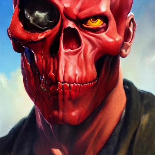 Image similar to ultra realistic portrait painting of red skull, art by frank frazetta, 4 k, ultra realistic, highly detailed, epic lighting