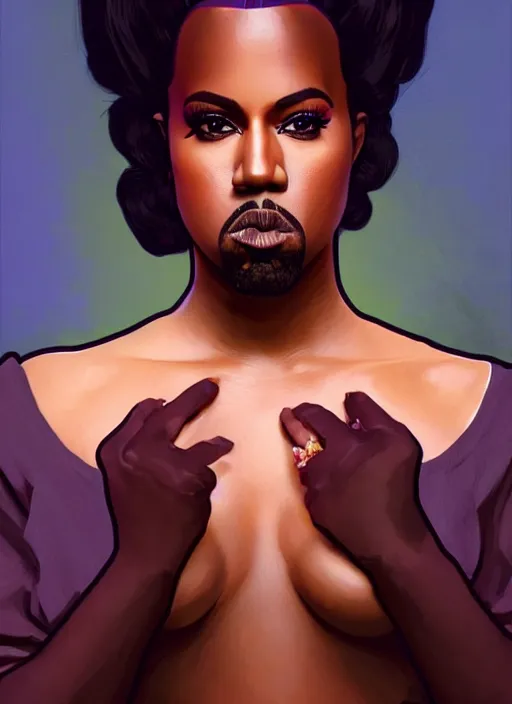 Prompt: kanye west in drag doing a cabaret show! intricate, elegant, highly detailed, digital painting, artstation, concept art, smooth, sharp focus, illustration, art by artgerm and greg rutkowski and alphonse mucha