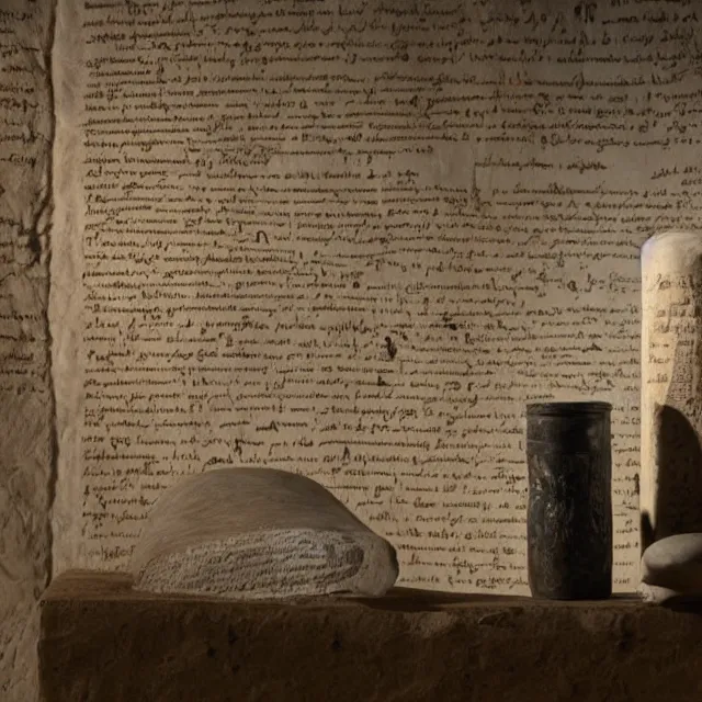 Image similar to a photo of a museum display showing a cylindrical clay jar, lying beside it is a dead sea scroll with nabeatean writing, dark, brooding, atmospheric, volume lighting