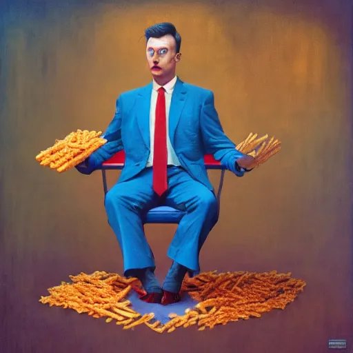 Image similar to a politician in a blue suit and red tie in an electric chair, mcdonalds french fries, beksinski, dariusz zawadzki, symmetrical, very coherent symmetrical artwork, cinematic, hyper realism, high detail, octane render, 8 k