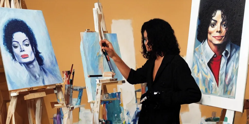Prompt: michael jackson, stands at her easel, painting a self portrait