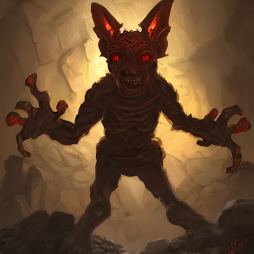 Image similar to a goblin made out of rocks, with glowing red eyes, in a cave, like magic the gathering, by christopher rush, hd, digital art