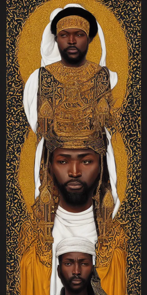 Image similar to a stunning and noble highly detailed romantic period style portrait of mansa musa by josep tapiro baro, trending on artstation, oil painting masterpiece, symmetry, mysterious, very very very aesthetic, african iconography