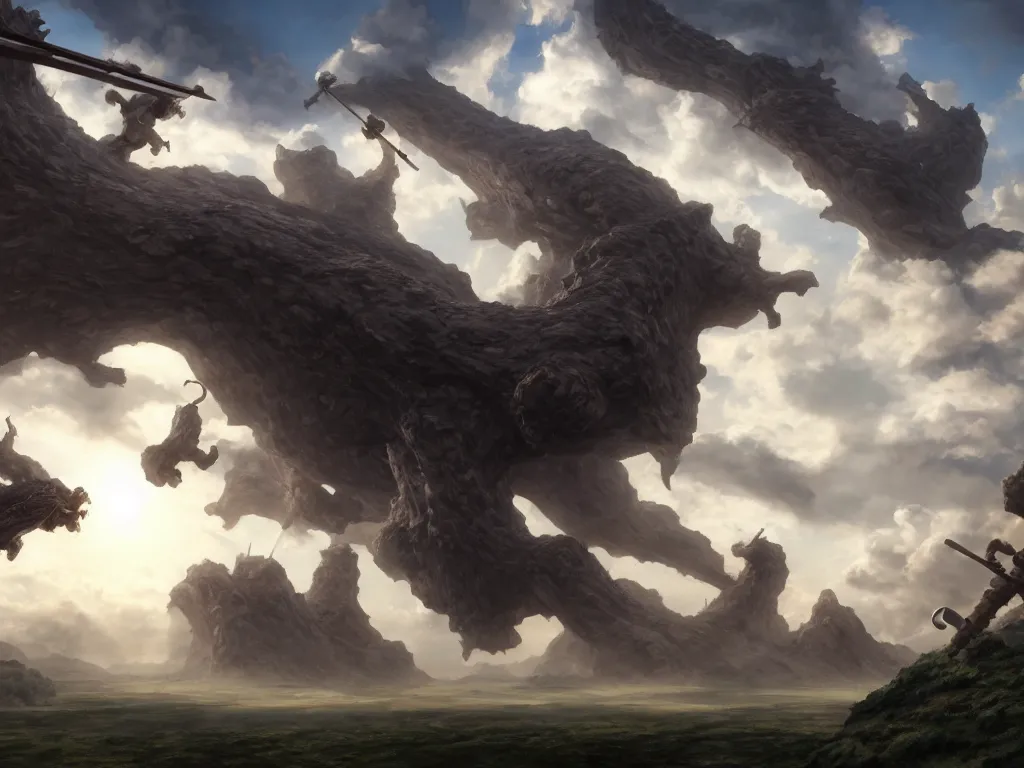 Image similar to great big giants swinging the weapons to the drop of a clouds from sky. fantasy, highlight scene of the movie, high quality, highly detailed 8 k, unreal engine 5, scene of myth, art by hiroaki samura and jiro matsumoto and yao wang from artstation