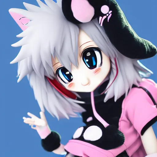 Prompt: cute fumo plush of a popstar wolf girl, anime girl, idol, headphones, tomboy, artstation, bubblegum pop, black and white, snowing, canine, v sign, vray