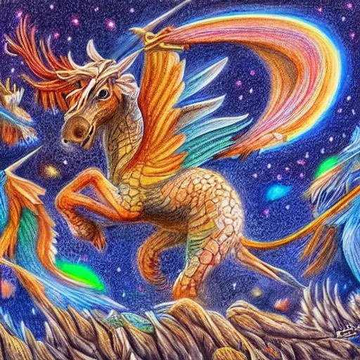 Image similar to Colored pencil art on paper, Magical Creatures, highly detailed, artstation, Caran d'Ache Luminance