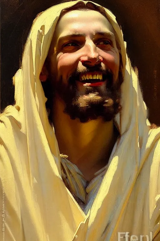 Image similar to leyendecker and solomon joseph solomon and richard schmid and jeremy lipking victorian loose genre loose painting full length portrait painting of jesus with a slight smile happy inviting