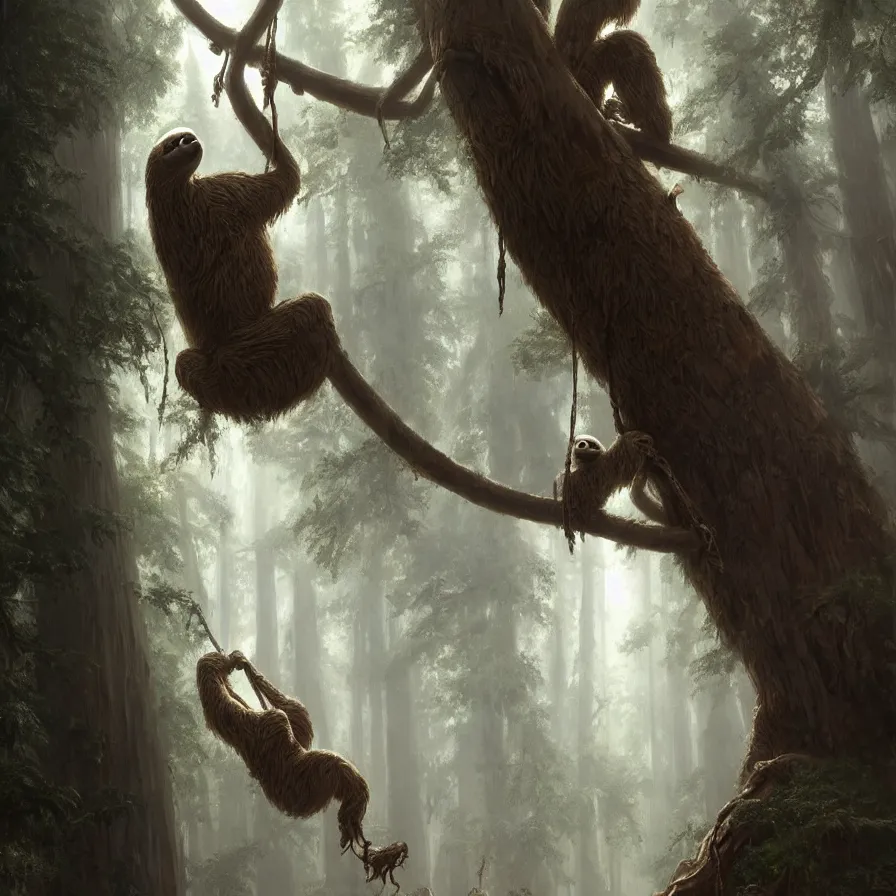 Image similar to colossal sloth hanging from a giant redwood tree, high detail, dramatic light, digital art, painted by greg rutkowski, painted by seb mckinnon, trending on artstation