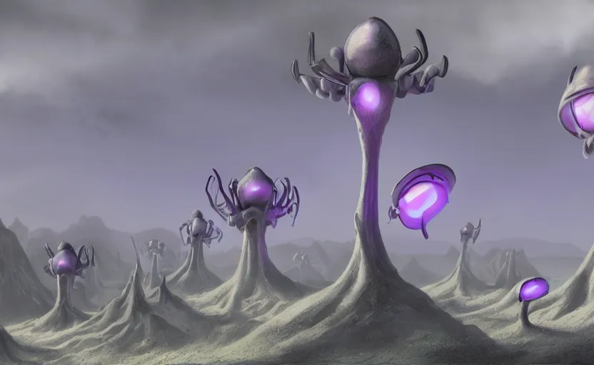 Image similar to matte painting of ant aliens, trending in artstation, purple color lighting