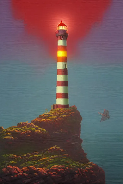 Prompt: a lighthouse on a rock in a redwood solar punk vision ; oil on canvas by klaus burgle and simon stalenhag ; ultra - realistic 3 d depth shading