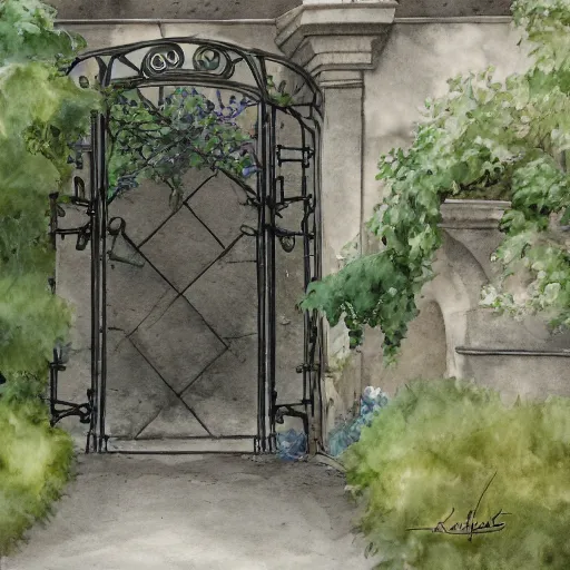 Image similar to delicate, garden, paved, botanic watercolors, iridescent, 8 k, realistic shaded, fine details, artstation, italian, chairs, iron gate, oak tree, pompeii