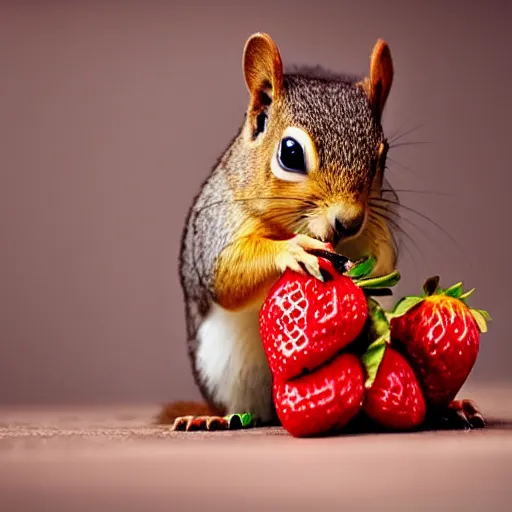 Image similar to fashion photography close - up photograph of a cute squirrel eating strawberries, studio lighting