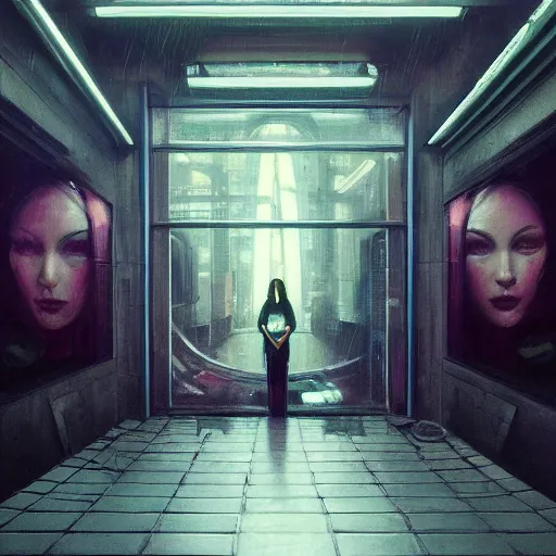 Image similar to detailed portrait of a biomechanical woman, moment, cyberpunk cloisters, electronic billboards, tech noir, wet reflections, atmospheric, ambient, livia prima, greg rutkowski, edward hopper, pj crook