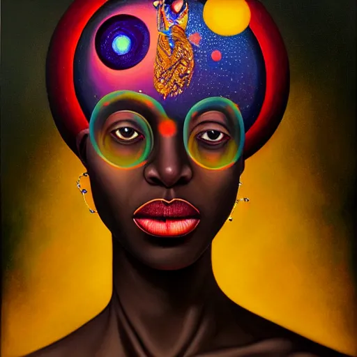 Prompt: an african queen in a surreal portrait style with glowing bubbles of light in the background by Afarin Sajedi, oil on canvas