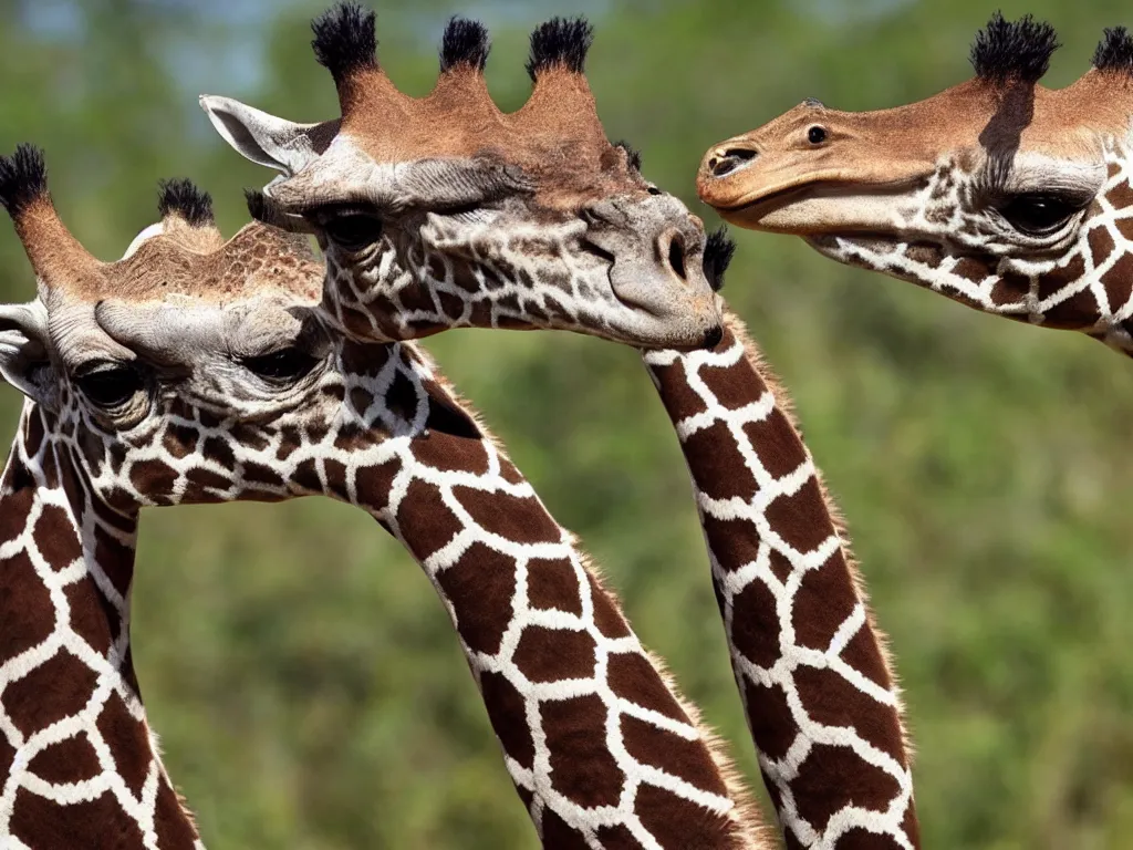 Prompt: african giraffe - snake hybrid, crocodile - monkey hybrid, warthog - eagle hybrid, bbc nature documentary film