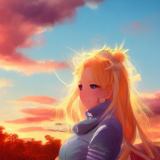 Prompt: blonde - haired princess, anime princess, wearing casual clothing, golden hour, partly cloudy sky, red clouds, orange sky, strong lighting, strong shadows, vivid hues, ultra - realistic, sharp details, subsurface scattering, intricate details, hd anime, 2 0 1 9 anime