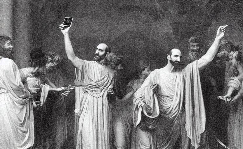 Image similar to steve jobs unveils the iphone to the roman empire in the first century by pierre auguste cot and delphin enjolras and daniel f. gerhartz