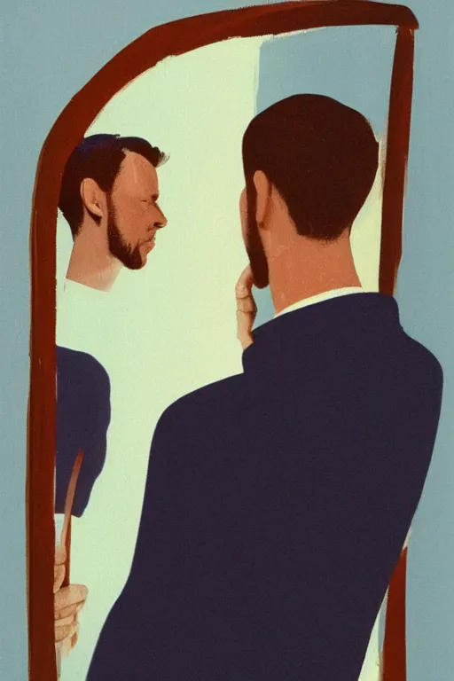 Image similar to man looking at his reflection in the mirror, 1960’s minimalist advertising illustration, painterly, expressive brush strokes