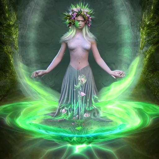 Image similar to flower goddess, concept character, beautiful, stunning, green mist, radiating power, energy, god rays, luminescence, fractal, unreal engine, 8 k