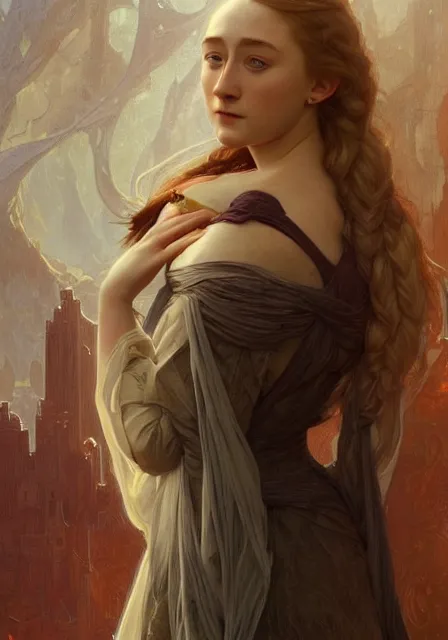 Image similar to sansa saoirse ronan, intricate, elegant, highly detailed, digital painting, artstation, concept art, smooth, sharp focus, illustration, art by artgerm and greg rutkowski and alphonse mucha and william - adolphe bouguereau