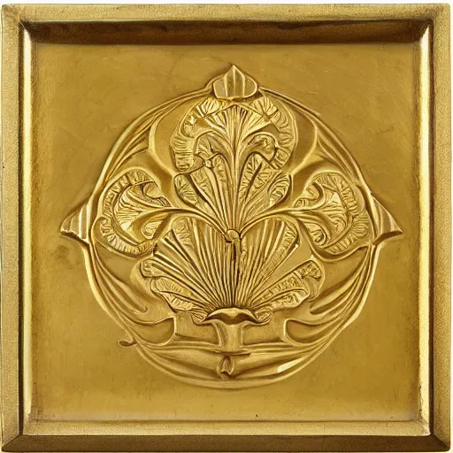 Prompt: ornate engraved carving of a ginko leaf on a square gold panel