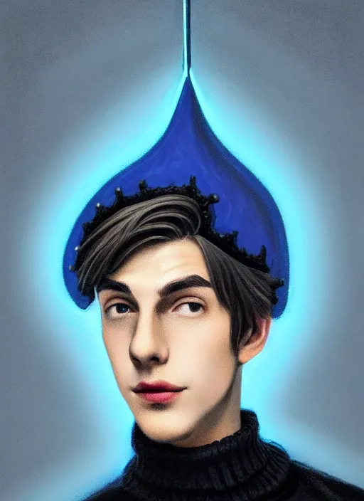 Image similar to portrait of teenage jughead jones wearing a light grey crown, crown, blue turtleneck, 1 9 5 0 s, closed eyes, photorealistic, black hair, glowing lighting, intricate, elegant, glowing lights, highly detailed, digital painting, artstation, concept art, smooth, sharp focus, illustration, art by wlop, mars ravelo and greg rutkowski