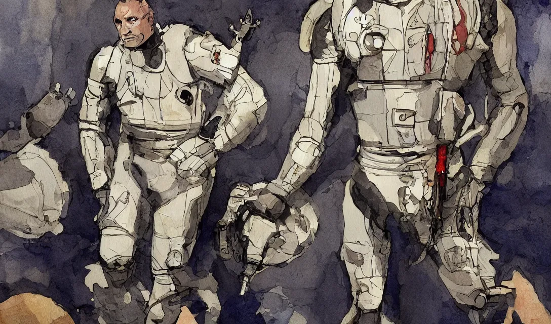 Image similar to male, full body, modern space suit, very stylized character design, large shoulders, short torso, long thin legs, tiny feet, science fiction, hyperdetailed, technical suit, shoulderpads, watercolor digital painting, in style of mike mignola, by alex maleev, jean giraud, painted by leyendecker