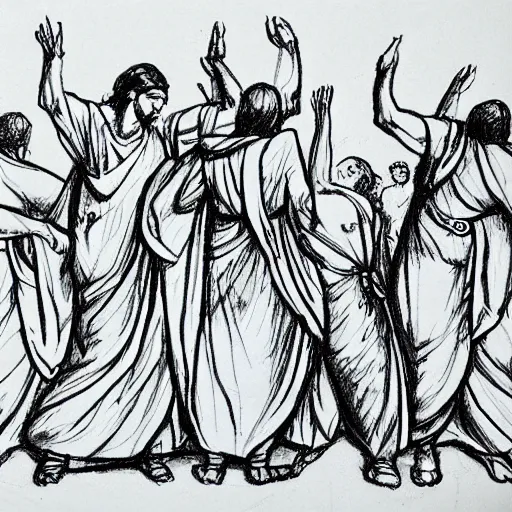 Image similar to a gesture draw of people in Biblical clothing dancing. Gesture draw, pen