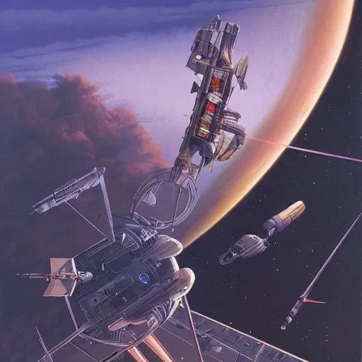 Image similar to science - fiction novel cover art by peter elson, syd mead, detailed, cinematic,