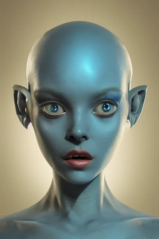 Prompt: beautiful studio portrait of an elegant blue alien woman with insect eyes, wearing an outfit made from plutonium, character art, silicone skin, symmetrical face, by luc besson and denis villeneuve, the 5 th element, hyperrealism, cinematrographic, sharp details, 3 5 mm, f / 2 4, masterpiece, artstation