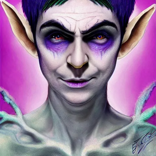 Image similar to a frightening, beautiful elf with violet skin, a scarred face, a bob haircut, and bushy eyebrows, smirking, in the style of jason edmiston