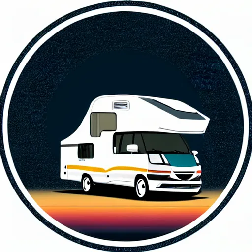 Image similar to very very very stylized minimal vector graphic of a thor chateau motorhome, hills and sunset, white background, all enclosed in a circle, professional minimal graphic design cartoon