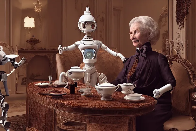 Image similar to VFX movie portrait of old woman served tea by a futuristic butler robot in a decadent living room by Emmanuel Lubezki