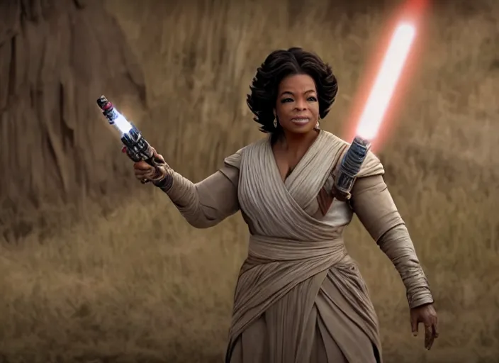 Prompt: oprah winfrey plays a jedi master in star wars rise of skywalker, 3 5 mm photography, highly detailed, cinematic lighting, standing pose, fully body shot, holding lightsaber 4 k