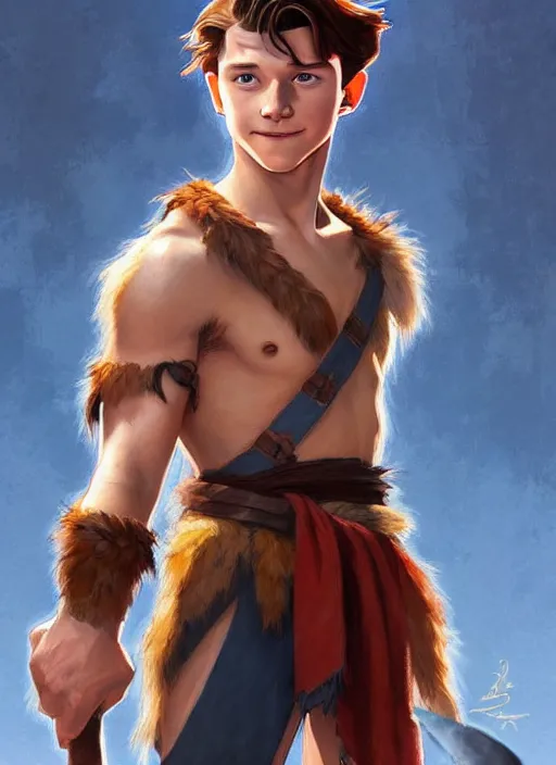 Image similar to cute tom holland wearing barbarian tunic, natural lighting, path traced, highly detailed, high quality, digital painting, by don bluth and ross tran and studio ghibli and alphonse mucha, artgerm