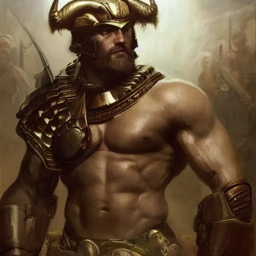 Image similar to handsome portrait of a spartan guy bodybuilder posing, radiant light, caustics, war hero, metal gear, steel bull run, by gaston bussiere, bayard wu, greg rutkowski, giger, maxim verehin