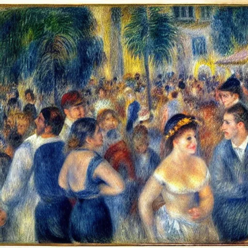 Prompt: disco party, strobo lights, millennials dancing, shorts and short skirts, the square of an italian small town with stairs, impressionist drawing by renoir, high definition