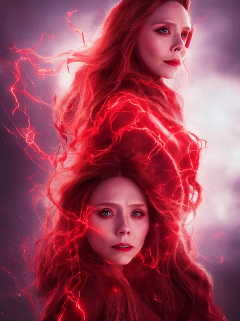 Prompt: movie still of elizabeth olsen as scarlet witch creating a barrier of red energy around herself!!!!!, photorealistic art style, fantasy aesthetic. full - body photography, comprehensive art, thorough details, intricate, artstation, cgsociety contest winner