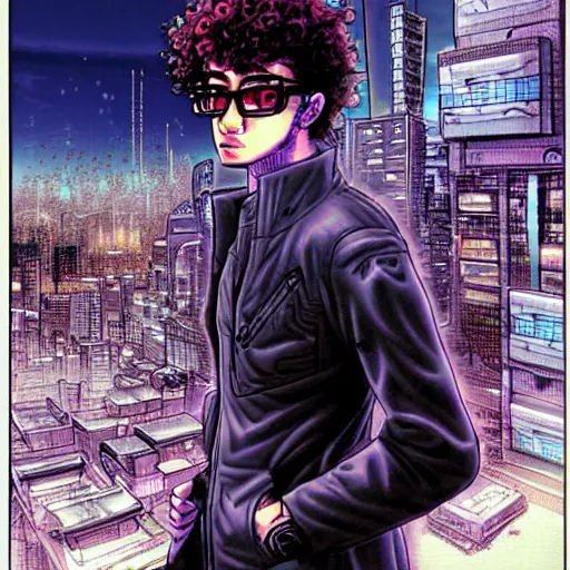 Prompt: a cyberpunk of a young curly-haired persian guy wearing round glasses in a dreamy cityscape by Masamune Shirow