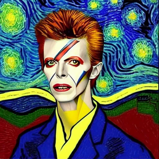 Image similar to david bowie in the style of starry night by van gogh, detailed, masterpiece