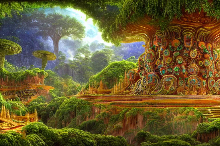 Prompt: a beautiful and highly detailed digital painting of an intricately designed alien temple in a lush valley on an alien planet, psychedelic patterns, intricate details, epic scale, 8 k, sharp focus, photorealism, artstation, cgsociety, by caspar friedrich, albert bierstadt, james gurney, alex grey, brian froud,
