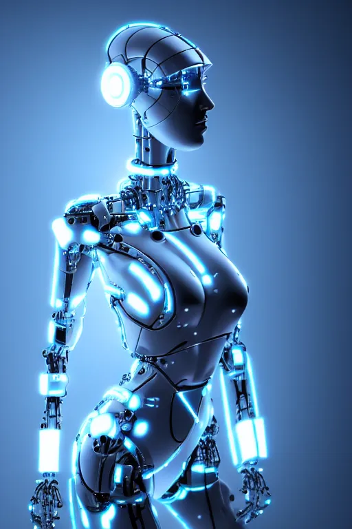 Prompt: a stunning robot woman with cybernetic enhancements, wires, led lights, glowing lights, futuristic, 3 d render
