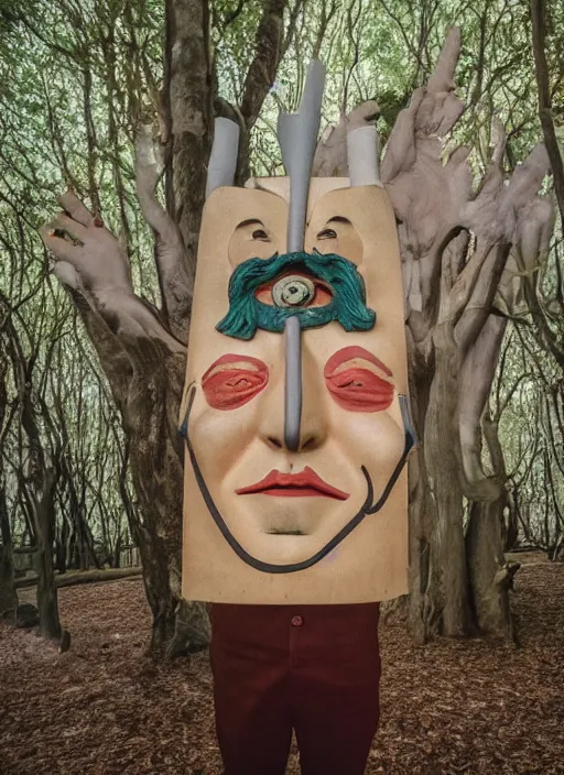 Prompt: a person wearing a Dali mask in an open forest cinema style of Wes Anderson