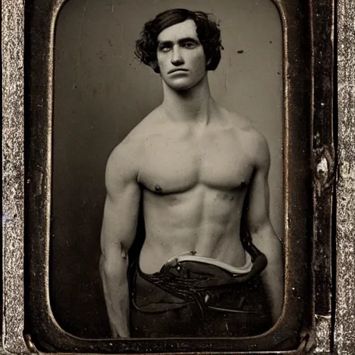 Prompt: An 1840s American daguerreotype of a handsome shirtless man, muscular body, strong arms, very attractive and high definition face, chiseled jawline, strong features, high quality, 8k restored and remastered