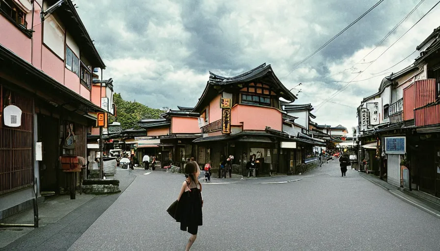 Image similar to 1 9 9 0 s candid 3 5 mm photo of a beautiful day in the a dreamy street in takayama japan mixed with details from tokyo and paris, cinematic lighting, cinematic look, golden hour, the clouds are epic and colorful with cinematic rays of light, a girl walks down the center of the street in a gucci dress, photographed by petra collins, uhd