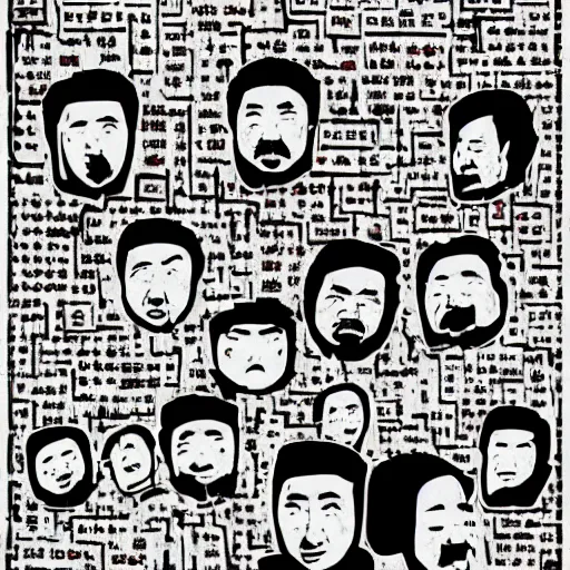 Image similar to uyghur Uighur men in a prison, heart kidney lungs, in the style of daniel johnston and outsider art, 4k, line brush, overlaid with chinese adverts and mandarin text