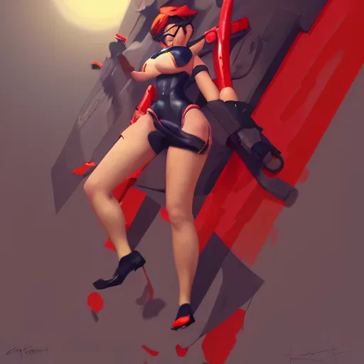 Prompt: pinup overwatch tracer in a futuristic red bikini thong, artwork by sergey kolesov, medium shot, asymmetrical, organic painting, sunny day, matte painting, bold shapes, hard edges, street art, trending on artstation, by huang guangjian and gil elvgren and sachin teng