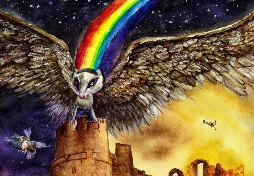 Image similar to legendary rainbow winged possum flying over a medieval castle at night under the dark starred sky, dark fantasy, watercolor, dreaming illusion, highly detailed, 4k, trending on Artstation