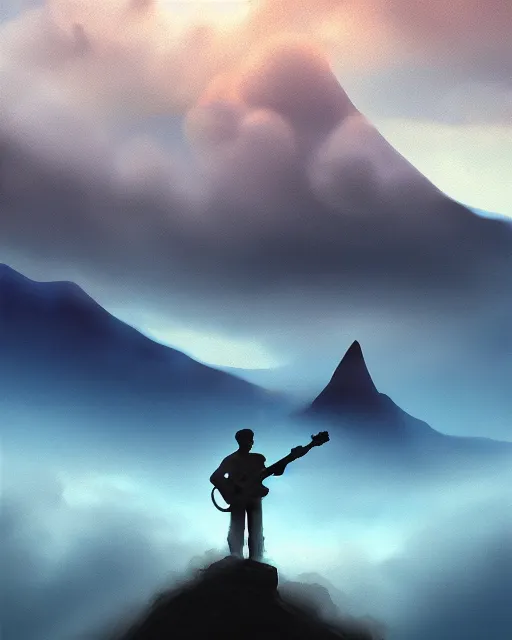 Image similar to A figure of a man with a guitar obscured by clouds and mist. The clouds look like mountains high in the sky, the clouds are a deep blue purple color with the sun blazing behind the clouds, deep focus, D&D, fantasy, intricate, elegant, highly detailed, digital painting, artstation, concept art, matte, sharp focus, illustration, hearthstone, art by Artgerm and Greg Rutkowski and Alphonse Mucha