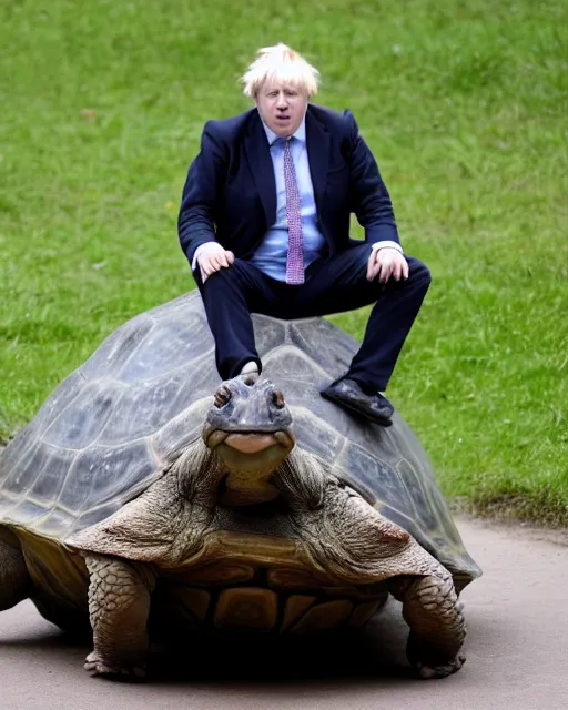 Prompt: boris johnson sitting on the back of a giant tortoise